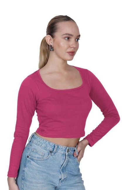 Square Neck Long Sleeve Stylish Cotton Crop Top for Womens, Readymade Saree Blouse